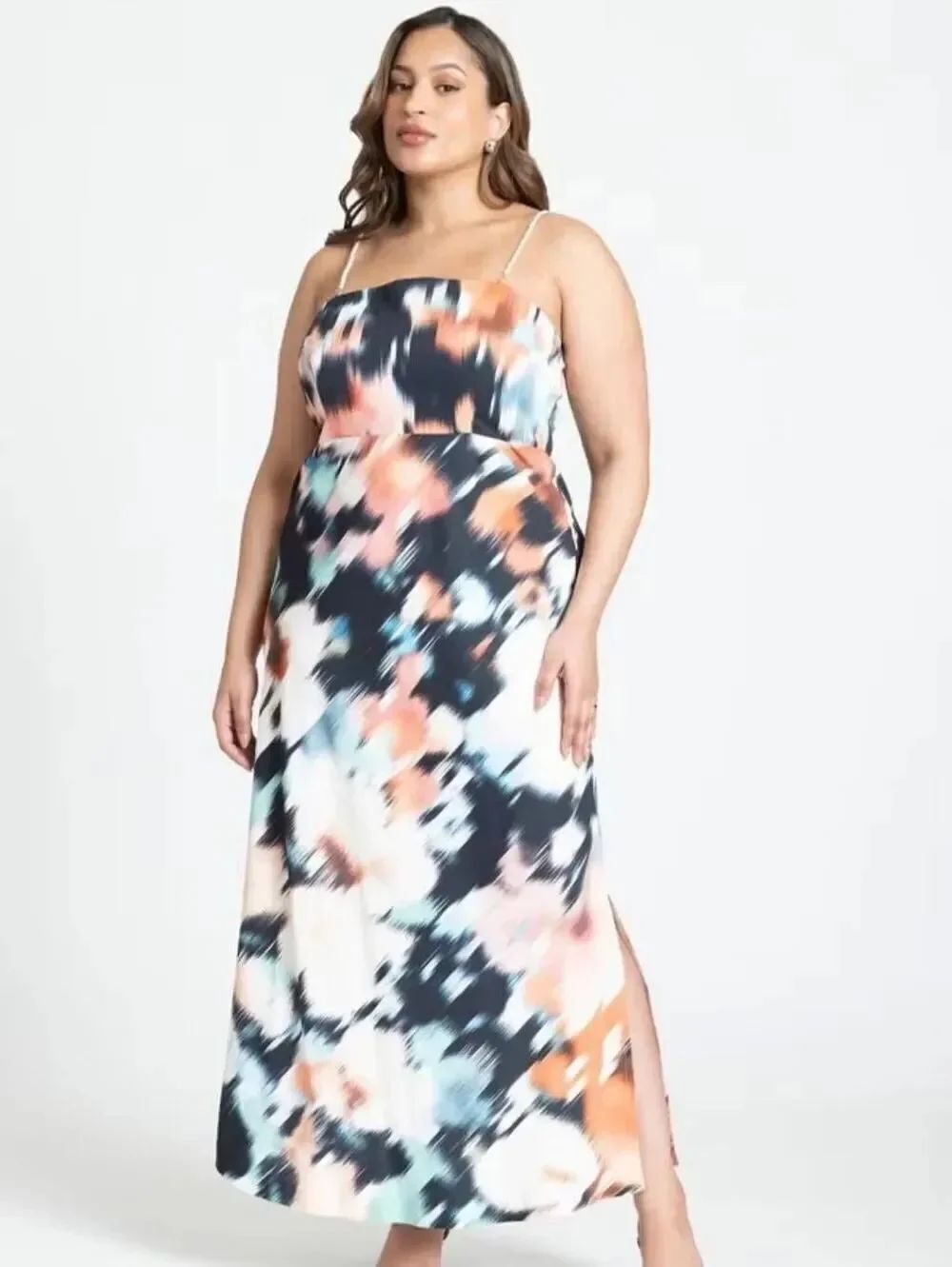 NWT Eloquii Women's Plus Size 16 Printed Satin Bias Dress with Faux Pearl Straps